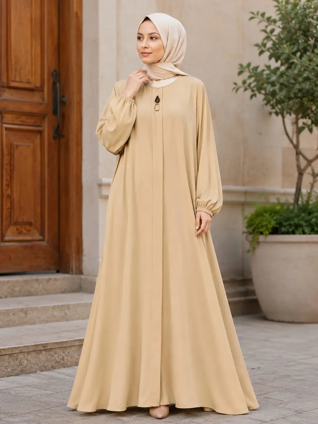 Beige Georgette Plain Maxi Abaya