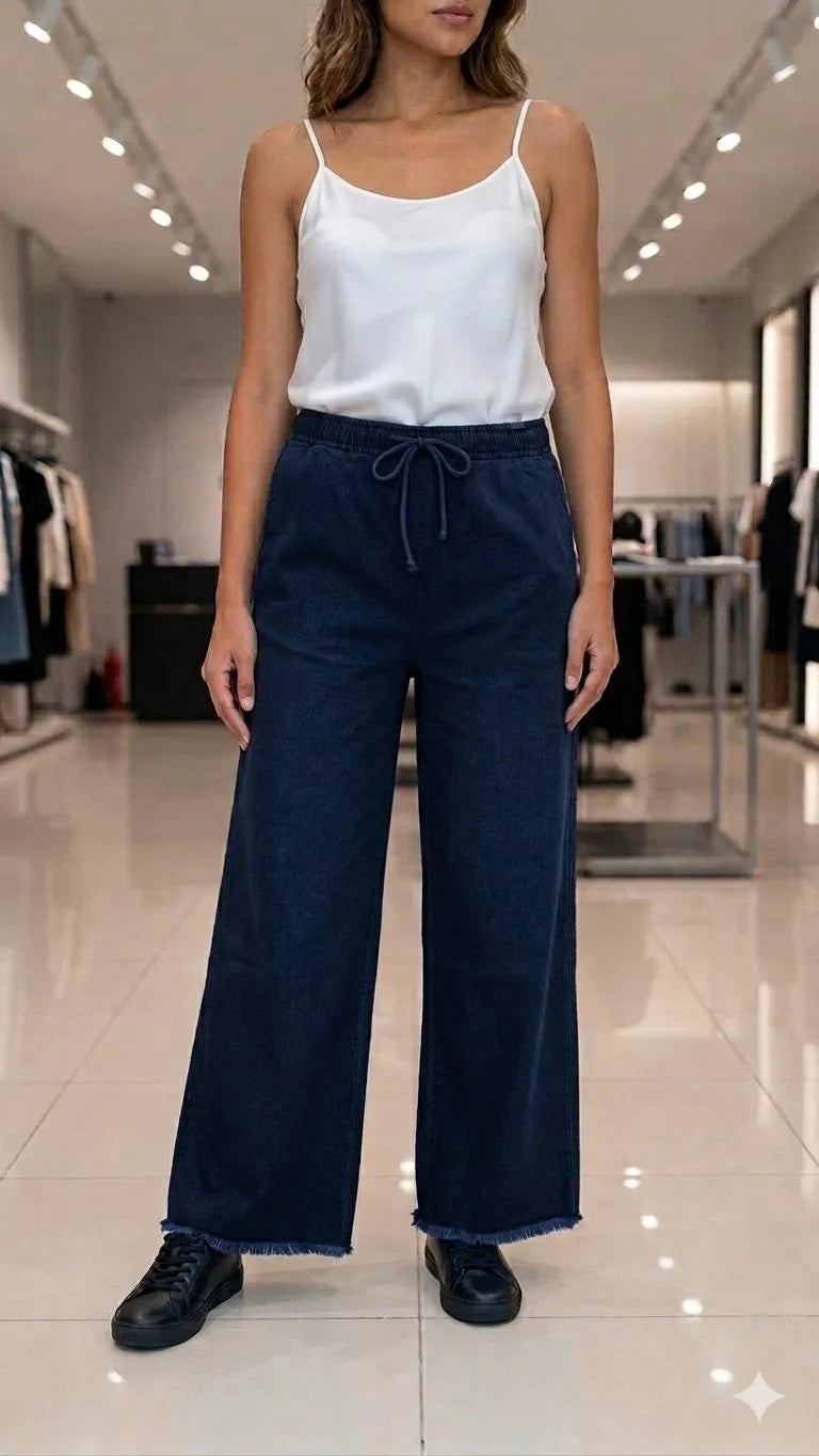 Blue Women Wide Leg Denim Pants White Top Set