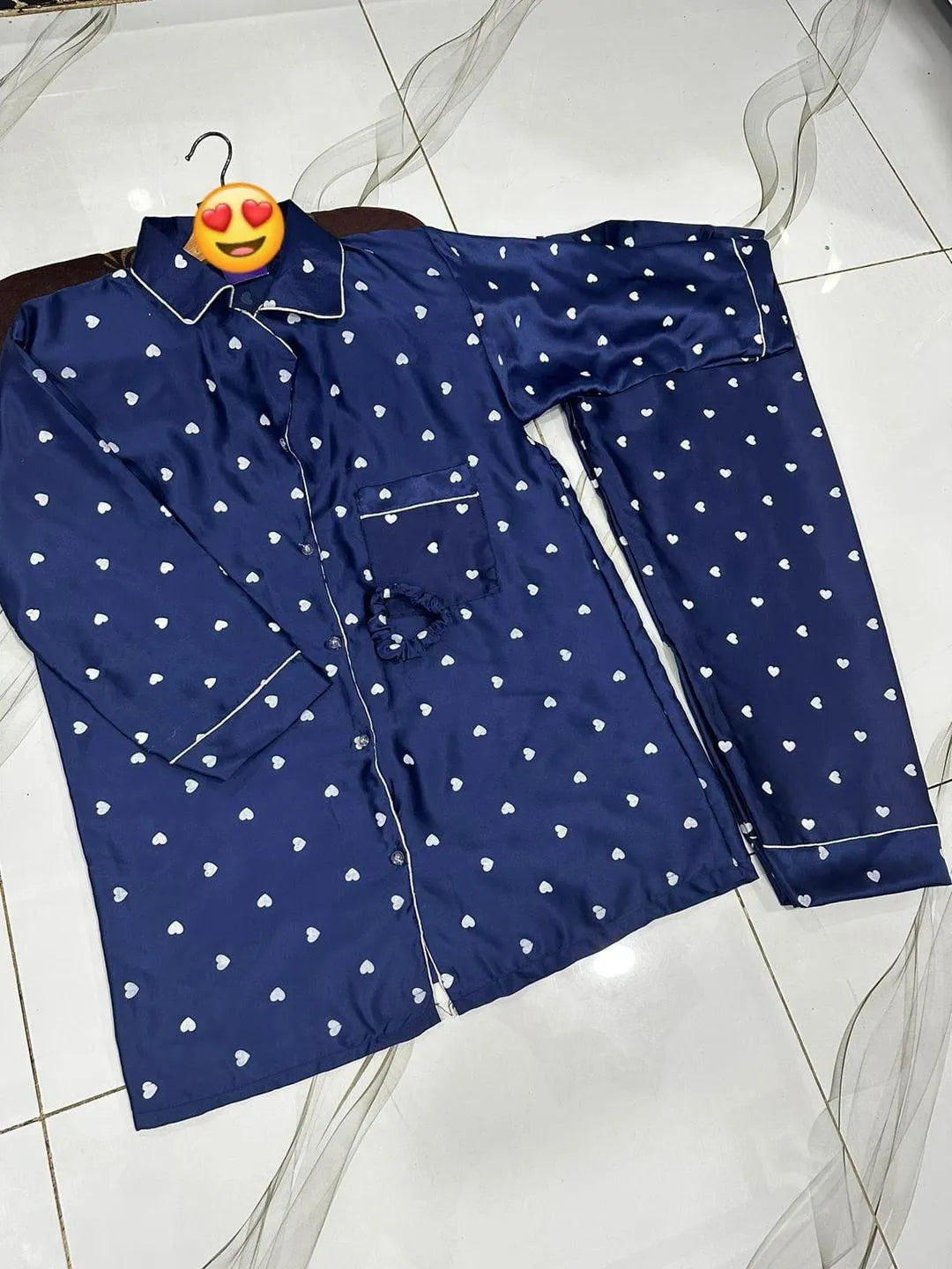 Blue Silk Heart Print Night Suit Set with Hair Scrunch