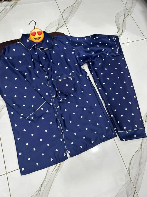 Blue Silk Heart Print Night Suit Set with Hair Scrunch