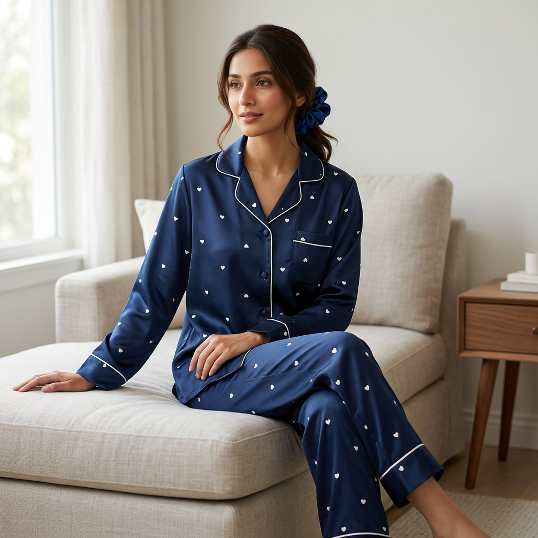 Blue Silk Heart Print Night Suit Set with Hair Scrunch