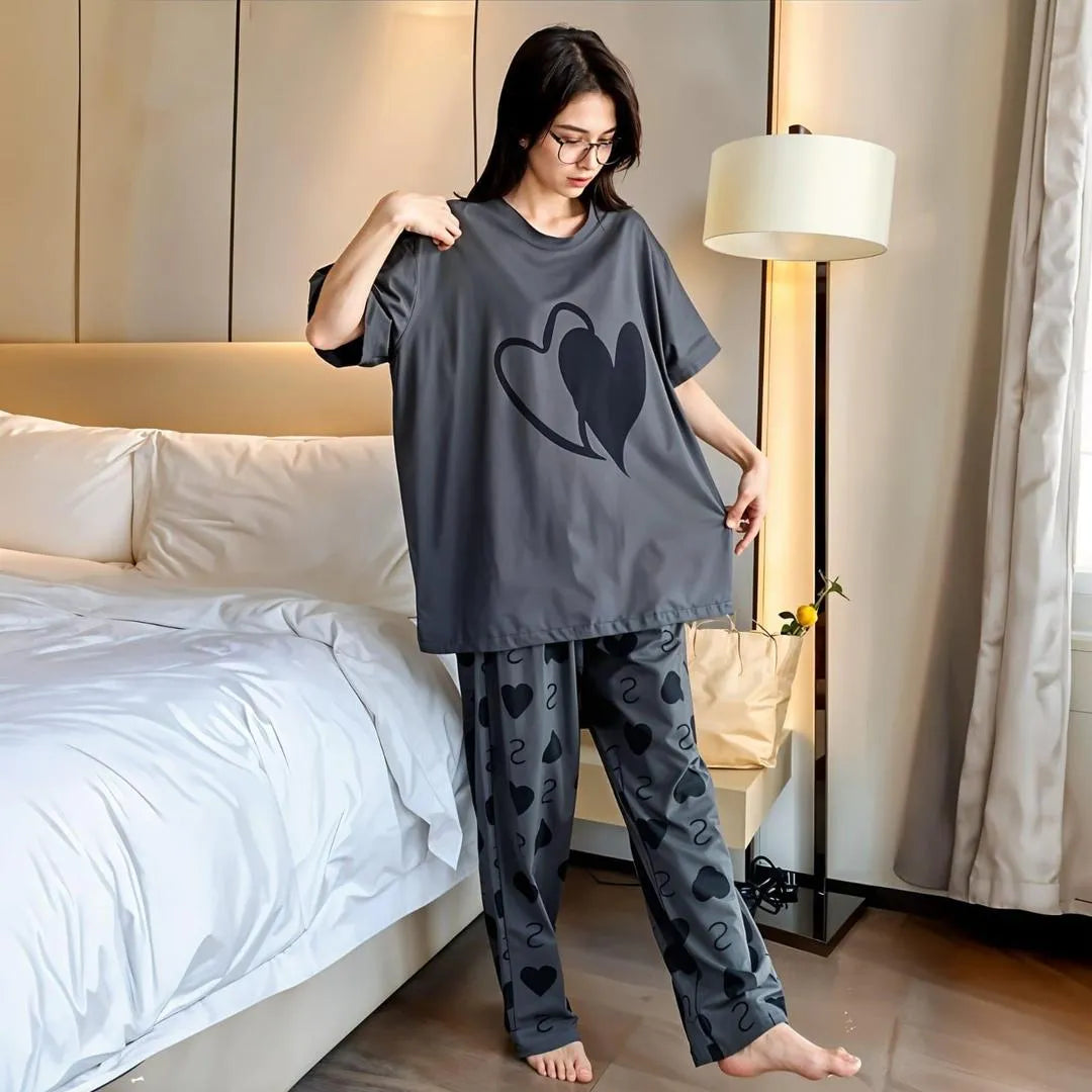 Women Printed Cotton Night Suit Grey Heart Pattern 2 Pcs