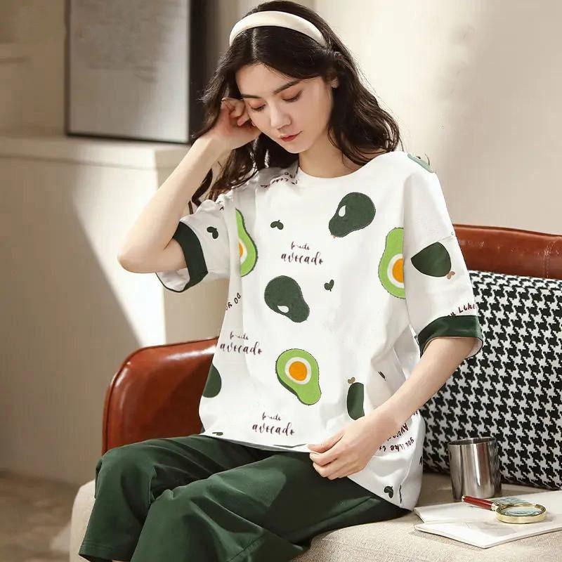  Women Avocado Printed Night Suit Cotton Jersey