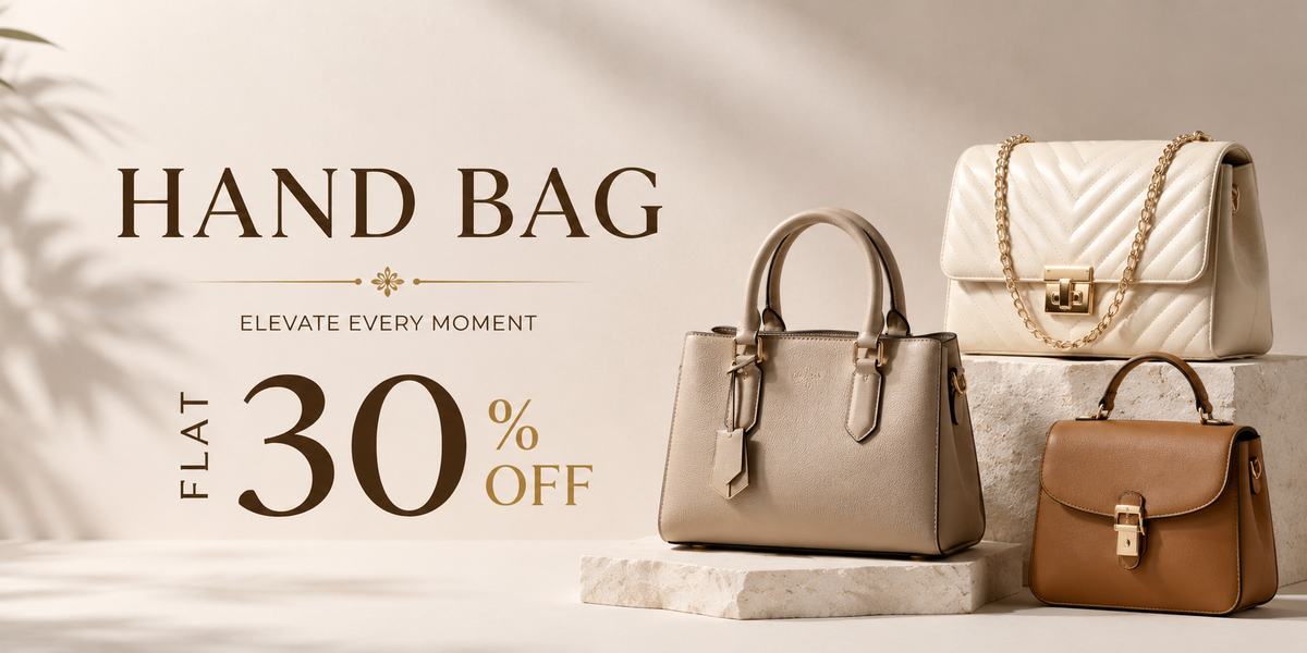 Three designer handbags displayed on white pedestals against a warm beige background with soft shadows. Large promotional text on the left reads 'HAND BAG', 'ELEVATE EVERY MOMENT', and 'FLAT 30% OFF'.