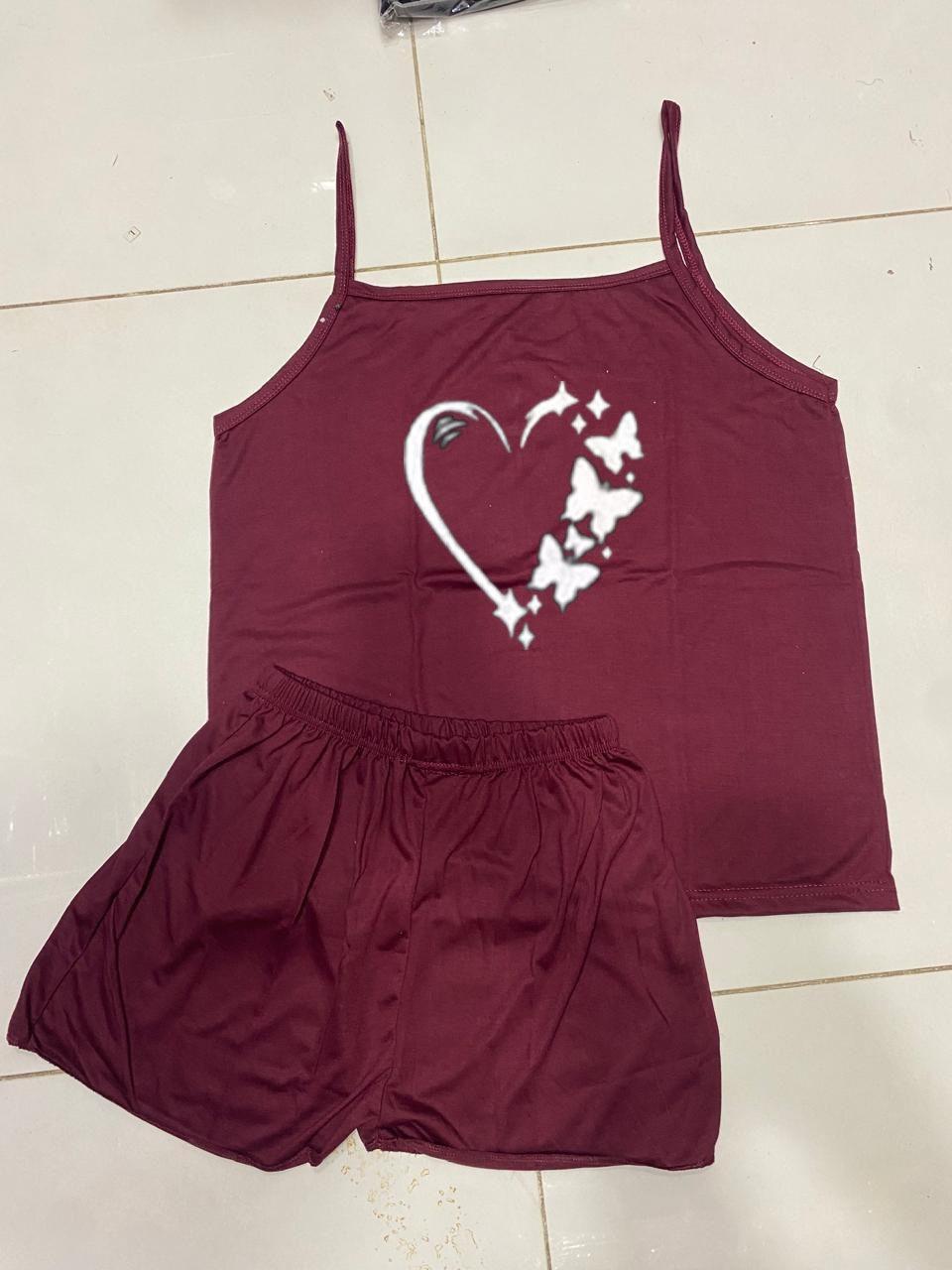 Maroon Camisole Set Heart Butterfly Print Cotton Jersey