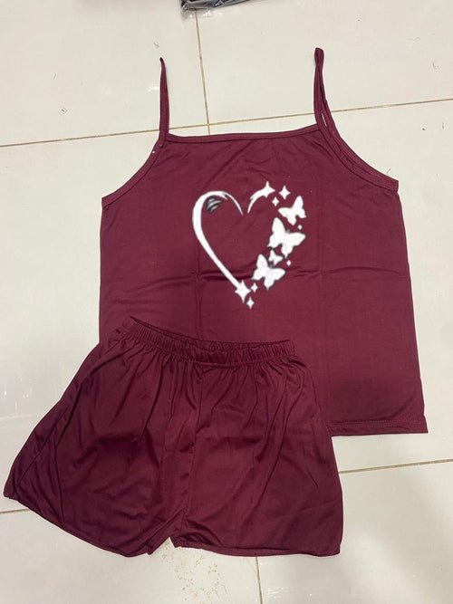 Maroon Camisole Set Heart Butterfly Print Cotton Jersey