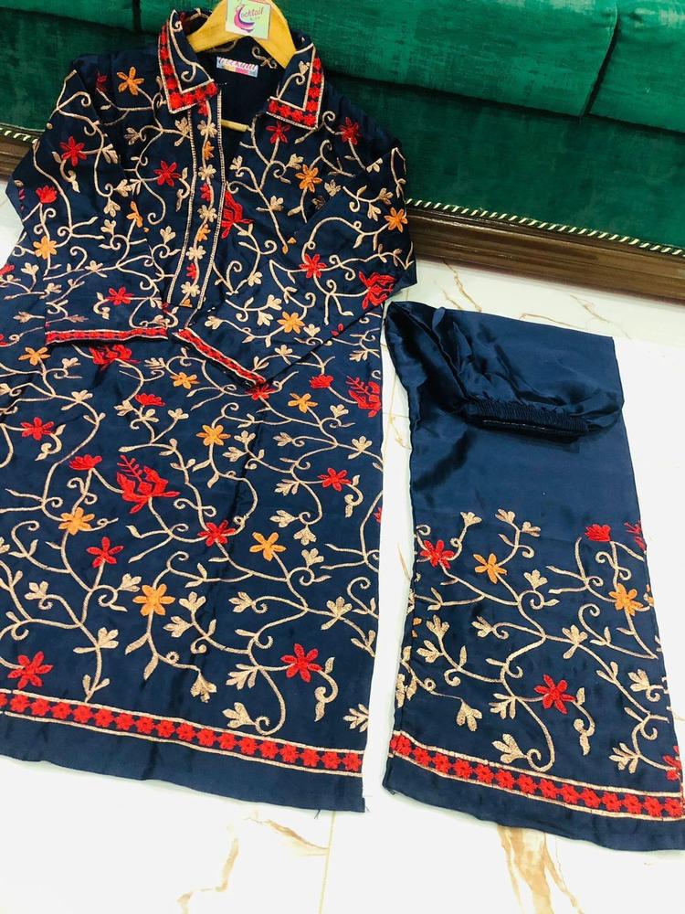  2 Pcs Women’s Stitched Katan Silk Embroidered Suit