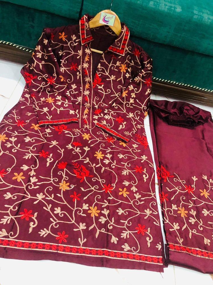 2 Pcs Women’s Stitched Katan Silk Embroidered Suit