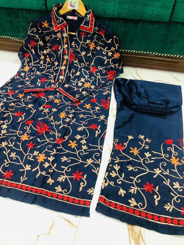  2 Pcs Women’s Stitched Katan Silk Embroidered Suit