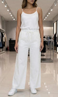 White Wide Leg Pants with Tie Waist Casual Set