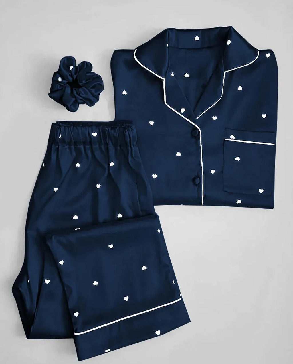 Blue Silk Heart Print Night Suit Set with Hair Scrunch