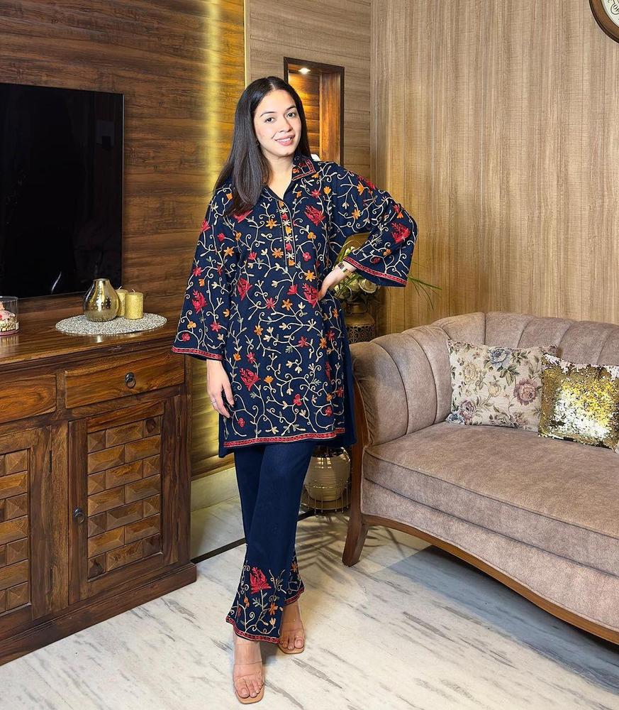  2 Pcs Women’s Stitched Katan Silk Embroidered Suit