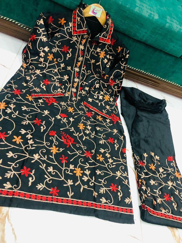 2 Pcs Women’s Stitched Katan Silk Embroidered Suit