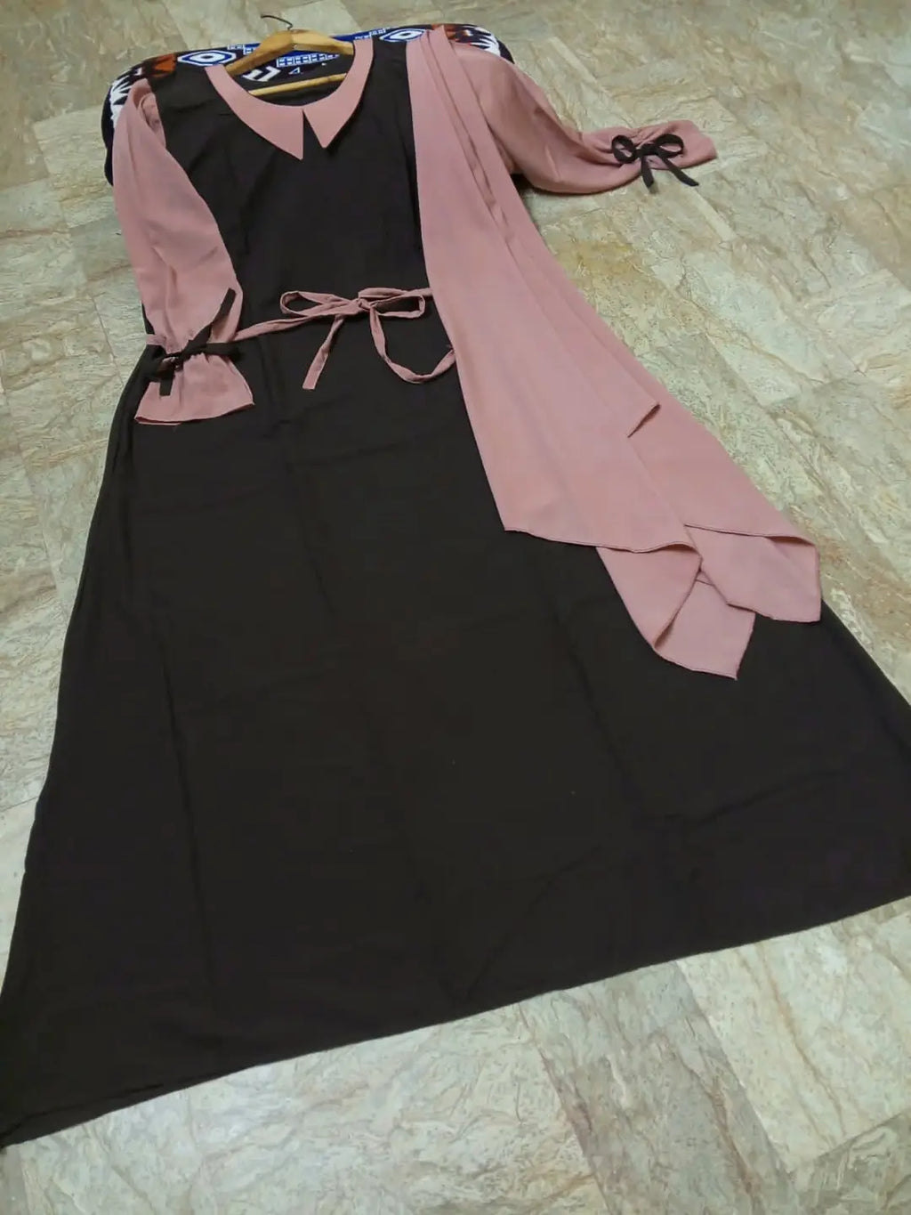 Collar Abaya with,Belt and Matching Stroller  Original Wool Peach Fabric, Front Open Stylish Abaya for Women Soft Premium Abaya