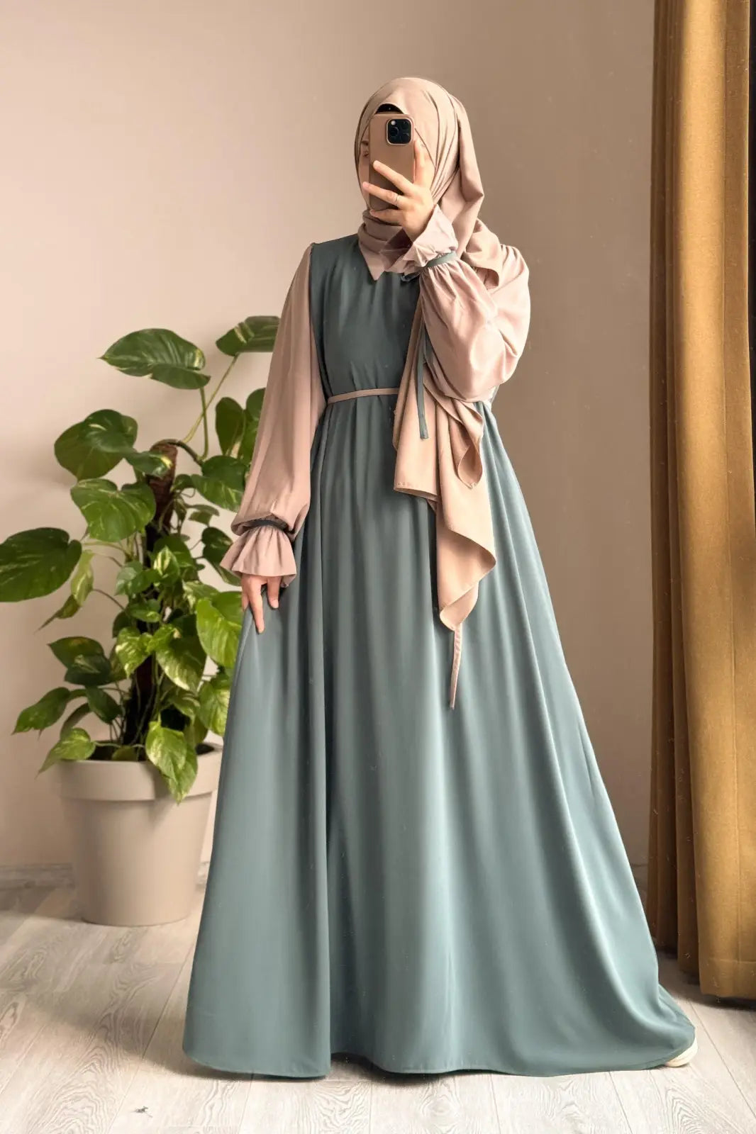 Collar Abaya with,Belt and Matching Stroller  Original Wool Peach Fabric, Front Open Stylish Abaya for Women Soft Premium Abaya
