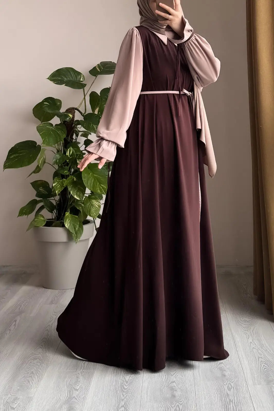 Collar Abaya with,Belt and Matching Stroller  Original Wool Peach Fabric, Front Open Stylish Abaya for Women Soft Premium Abaya